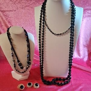 Black Crystal and Ruby Ring, Ravoli Earrings and Black Glass and Crystal Necklac